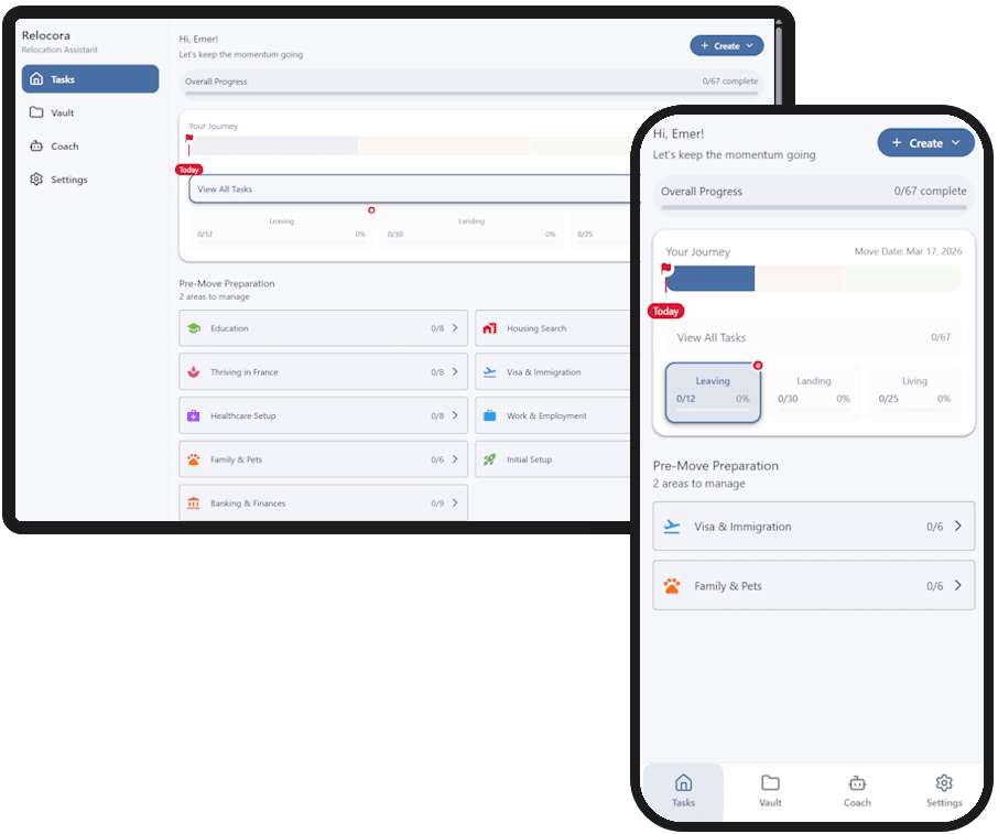 Relocora app interface on desktop and mobile devices