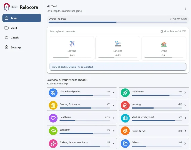 Relocora organising Leaving tasks and adding a reminder to Google Calendar