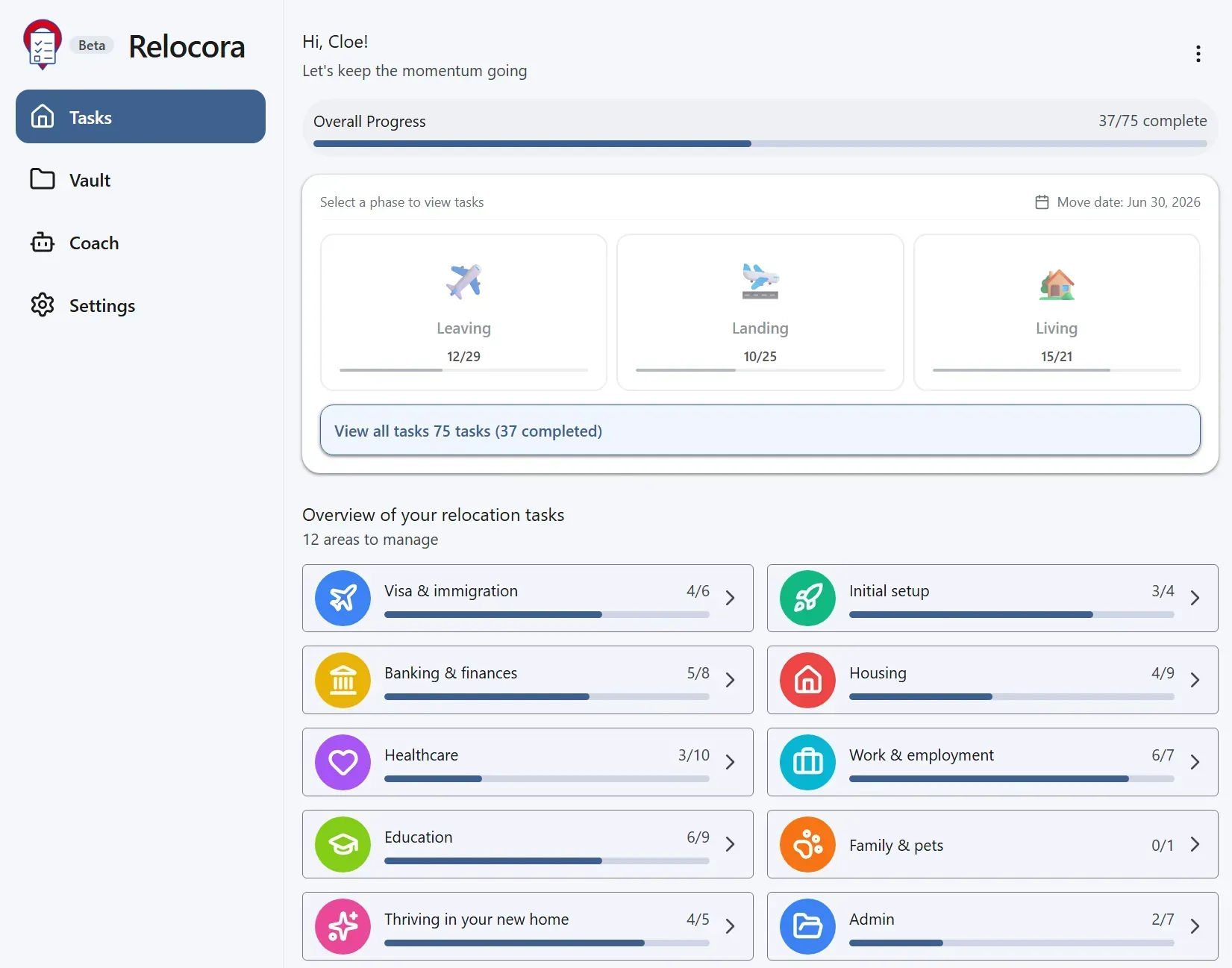 Relocora organising Leaving tasks and adding a reminder to Google Calendar
