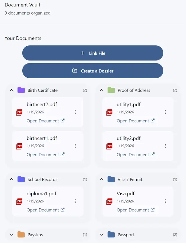 Document Vault with linked files organised by category